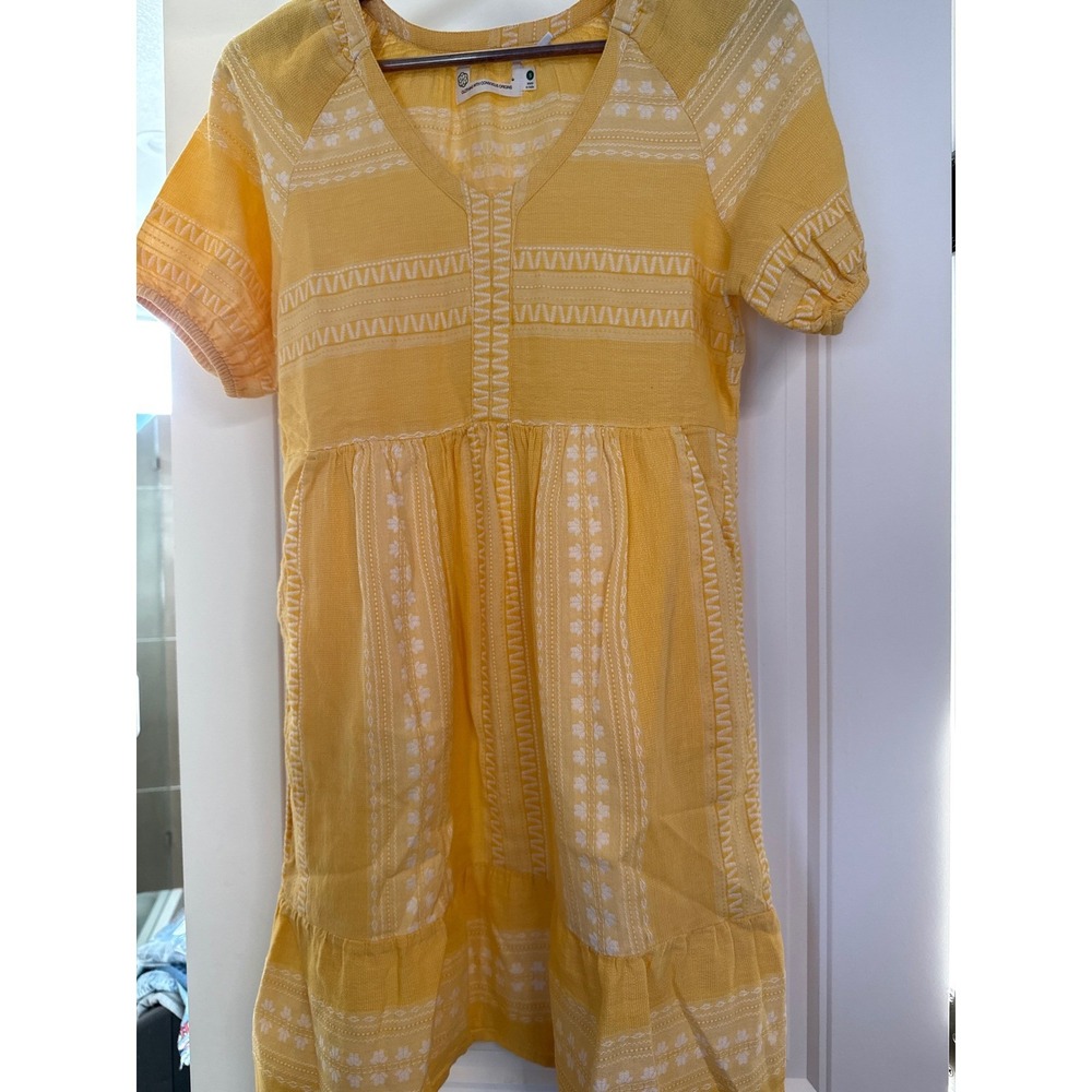 NWTs Baby Doll Organic Cotton Embroidered Tiered Mini Dress Yellow Boho V-Neck S - Picture 2 of 14